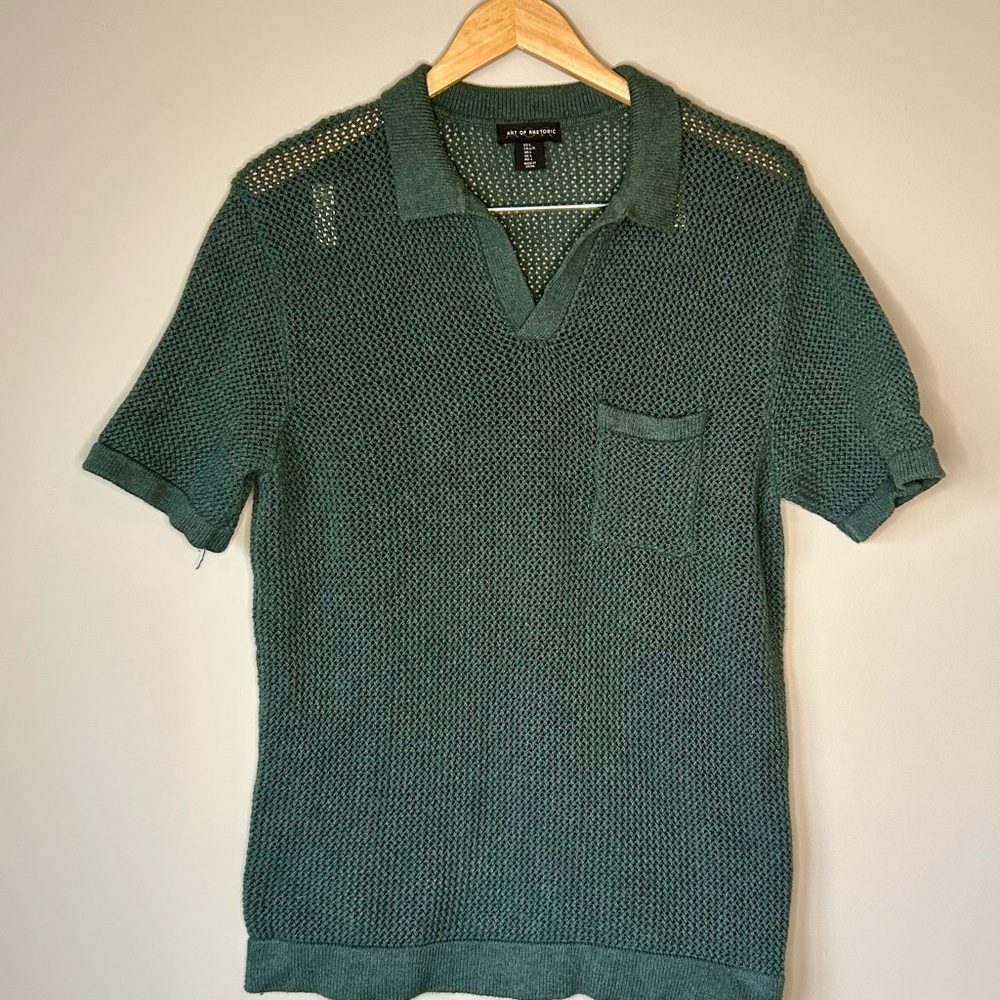 Art of Rhetoric Men’s Green Knit/Crochet Open-Knit Polo Shirt — Holiday Fit!